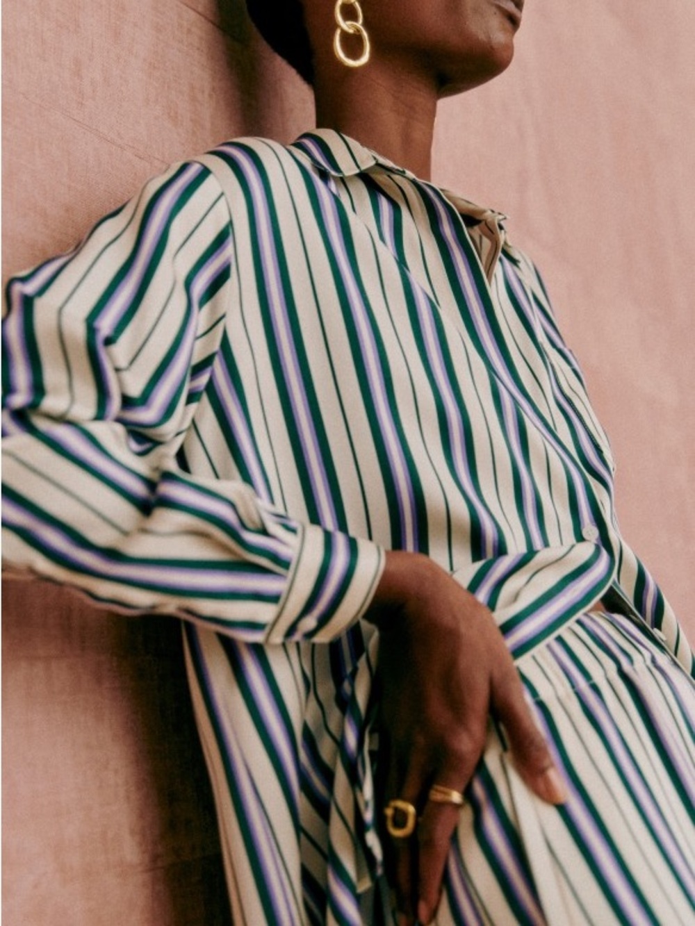 SEZANE Ecru Purple & Green Striped Satin Viscose Oversized Button Down Max Shirt